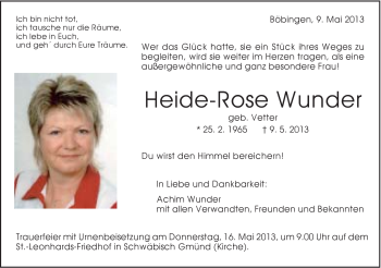 Traueranzeige von Wunder Heiderose von Gmünder Tagespost
