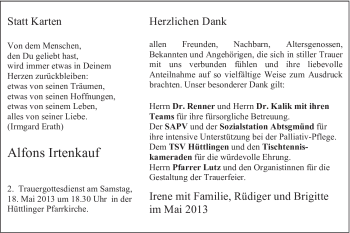 Traueranzeige von Alfons Irtenkauf von Schwäbische Post