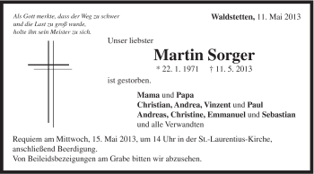 Traueranzeige von Martin Sorger von Gmünder Tagespost