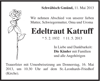 Traueranzeige von Edeltraut Katruff von Gmünder Tagespost