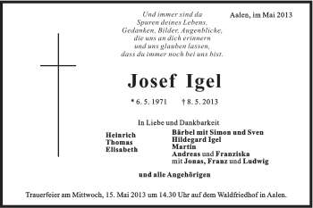 Traueranzeige von Josef Igel von Schwäbische Post