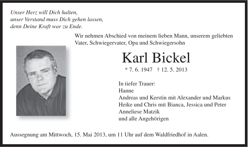  Traueranzeige für Karl Bickel vom 13.05.2013 aus Schwäbische Post