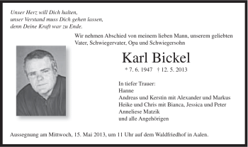 Traueranzeige von Karl Bickel von Schwäbische Post