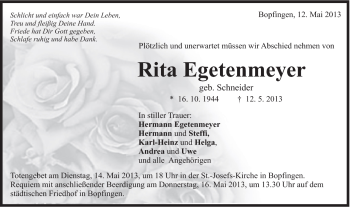 Traueranzeige von Rita Egentenmeyer von Schwäbische Post