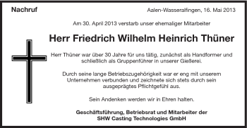 Traueranzeige von Friedrich Wilhelm Heinrich Thüner von Schwäbische Post