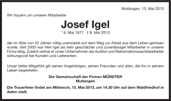 Traueranzeige von Josef Igel von Gmünder Tagespost