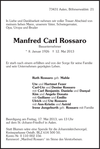 Traueranzeige von Manfred Rossaro von Schwäbische Post