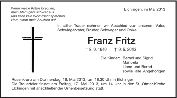 Traueranzeige von Fritz Franz von Schwäbische Post