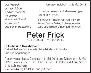 Traueranzeige von Peter Frick von Schwäbische Post