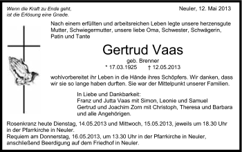 Traueranzeige von Gertrud Vaas von Schwäbische Post