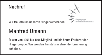 Traueranzeige von Manfred Umann von Gmünder Tagespost