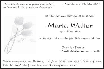 Traueranzeige von Marta Walter von Gmünder Tagespost