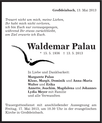 Traueranzeige von Waldemar Palau von Gmünder Tagespost