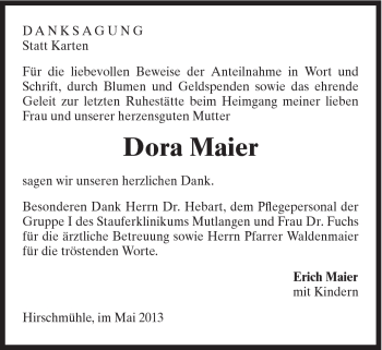 Traueranzeige von Dora Maier von Gmünder Tagespost
