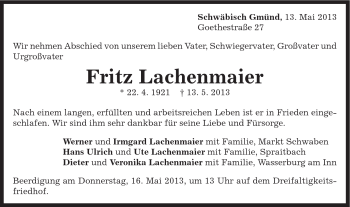 Traueranzeige von Fritz Lachenmaier von Gmünder Tagespost