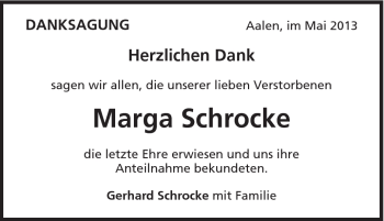 Traueranzeige von Marga Schrocke von Schwäbische Post