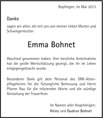 Traueranzeige von Emma Bohnet von Schwäbische Post