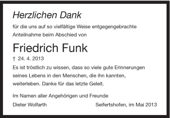 Traueranzeige von Friedrich Funk von Gmünder Tagespost