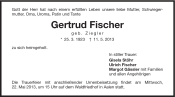 Traueranzeige von Gertrud Fischer von Schwäbische Post