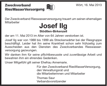 Traueranzeige von Josef Ilg von Schwäbische Post