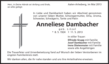 Traueranzeige von Anneliese Dambacher von Schwäbische Post