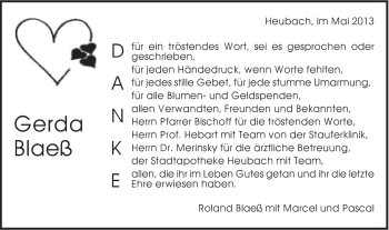 Traueranzeige von Gerda Blaeß von Gmünder Tagespost