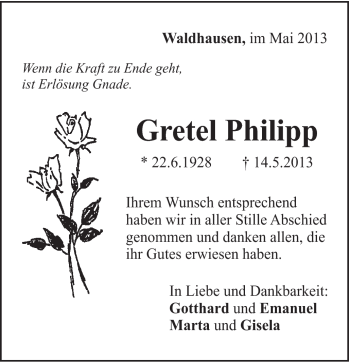 Traueranzeige von Gretel Philipp von Gmünder Tagespost
