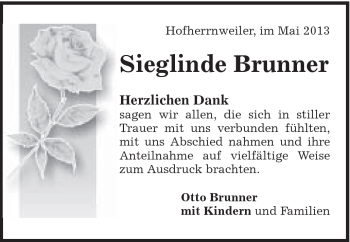 Traueranzeige von Sieglinde Brunner von Schwäbische Post