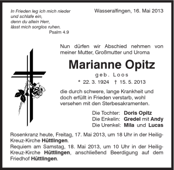 Traueranzeige von Marianne Opitz von Schwäbische Post