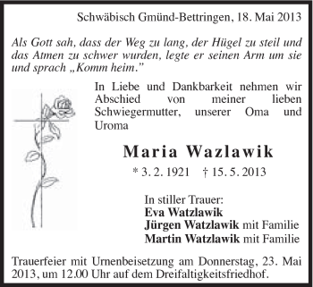 Traueranzeige von Maria Wazlawik von Gmünder Tagespost