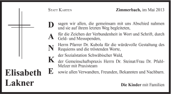 Traueranzeige von Elisabeth Lakner von Gmünder Tagespost