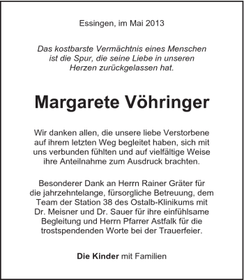 Traueranzeige von Margarete Vöhringer von Schwäbische Post