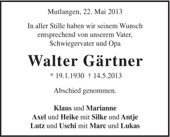 Traueranzeige von Walter Gärtner von Gmünder Tagespost