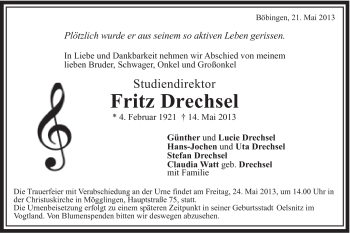 Traueranzeige von Fritz Drechsel von Gmünder Tagespost