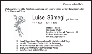 Traueranzeige von Luise Sümegi von Gmünder Tagespost