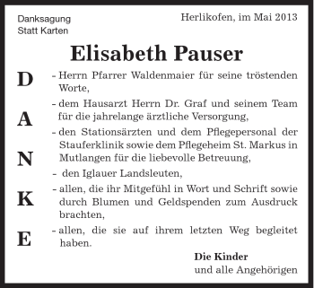 Traueranzeige von Elisabeth Pauser von Gmünder Tagespost
