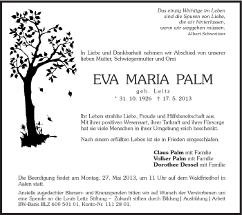 Traueranzeige von Eva Maria Palm von Schwäbische Post