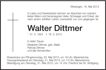 Traueranzeige von Walter Dittmer von Schwäbische Post