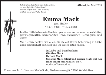 Traueranzeige von Emma Mack von Gmünder Tagespost