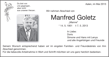 Traueranzeige von Manfred Goletz von Schwäbische Post