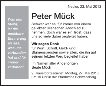 Traueranzeige von Peter Mück von Schwäbische Post