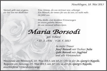 Traueranzeige von Maria Borsodi von Gmünder Tagespost