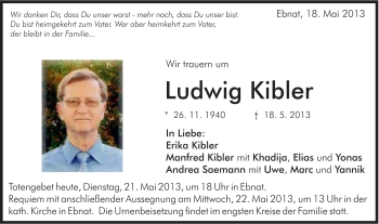 Traueranzeige von Ludwig Kibler von Schwäbische Post