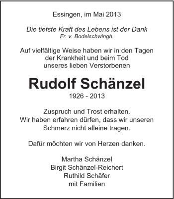 Traueranzeige von Rudolf Schänzel von Schwäbische Post