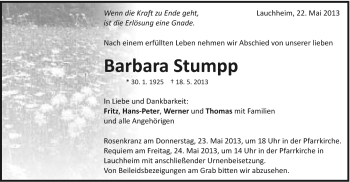 Traueranzeige von Barbara Stumpp von Schwäbische Post