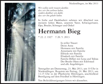 Traueranzeige von Hermann Bieg von Schwäbische Post