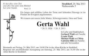 Traueranzeige von Gerta Wahl von Gmünder Tagespost