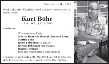 Traueranzeige von Kurt Bühr von Gmünder Tagespost