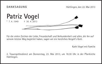 Traueranzeige von Patriz Vogel von Schwäbische Post