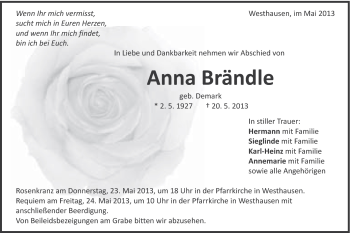 Traueranzeige von Anna Brändle von Schwäbische Post